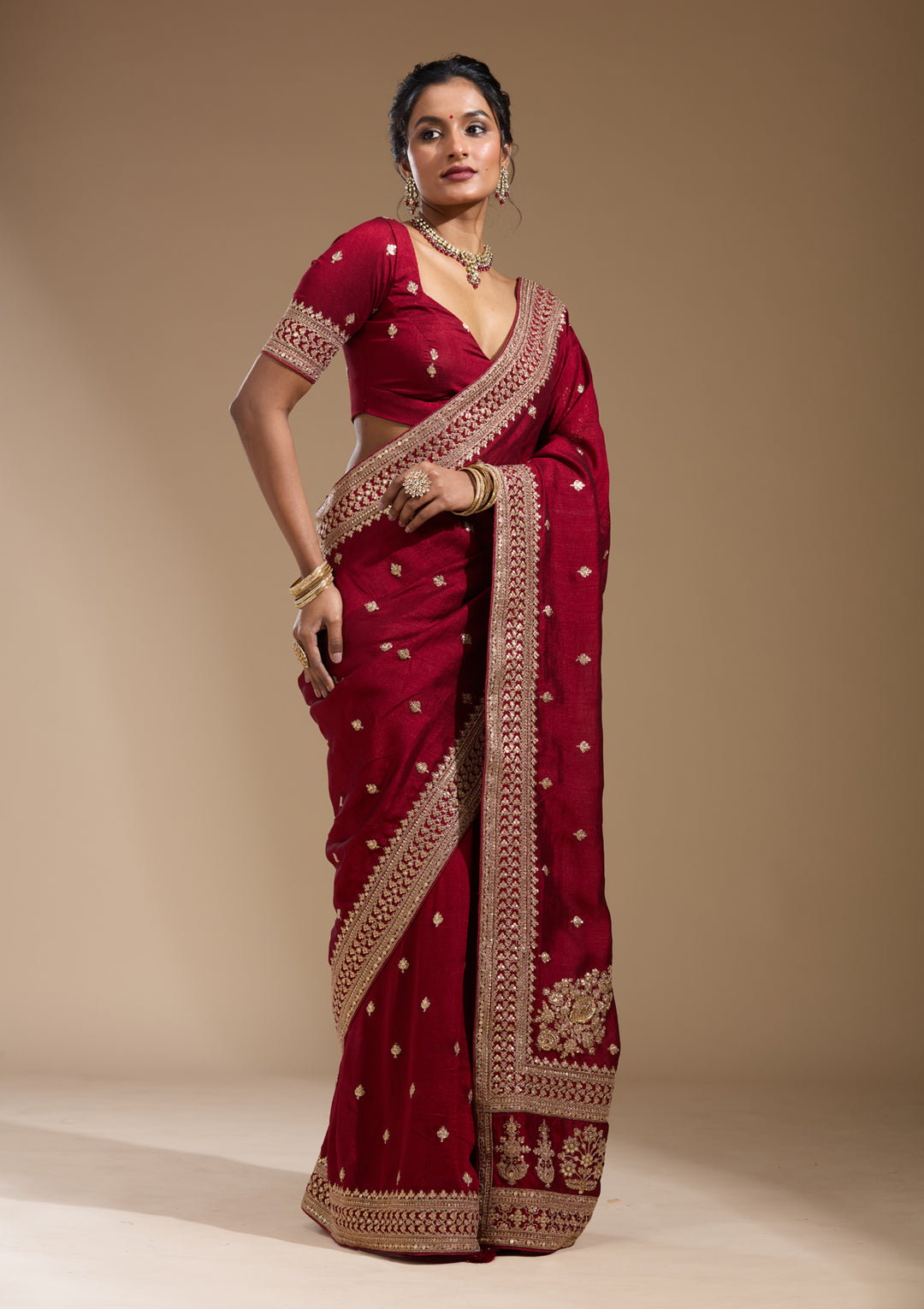 Maroon Soft Raw Silk Cording Saree With Matching Blouse Piece