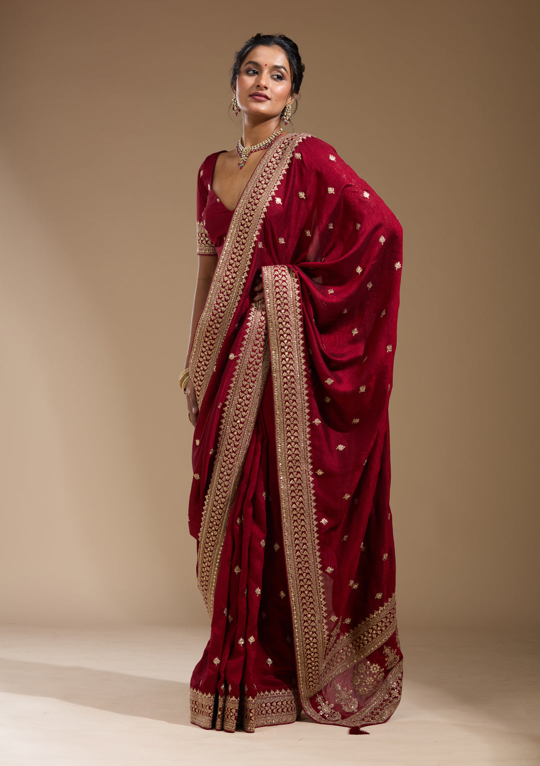Maroon Soft Raw Silk Cording Saree With Matching Blouse Piece