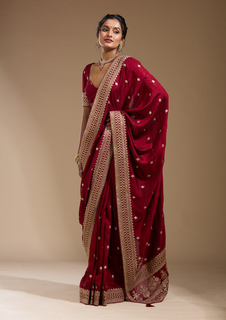 Maroon Soft Raw Silk Cording Saree With Matching Blouse Piece