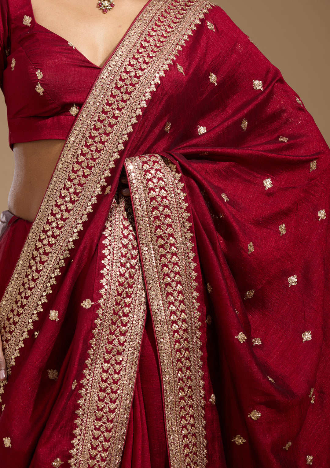 Maroon Soft Raw Silk Cording Saree With Matching Blouse Piece