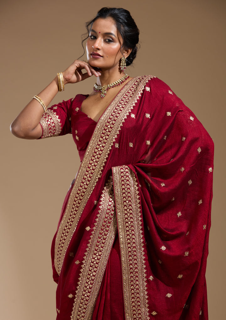 Maroon Soft Raw Silk Cording Saree With Matching Blouse Piece