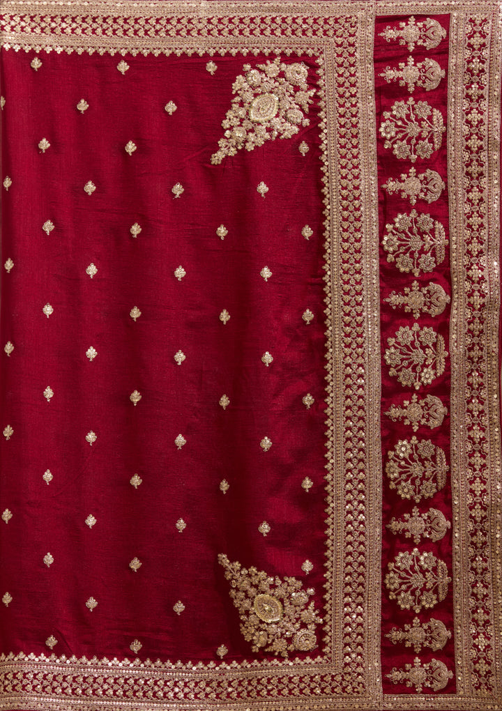 Maroon Soft Raw Silk Cording Saree With Matching Blouse Piece