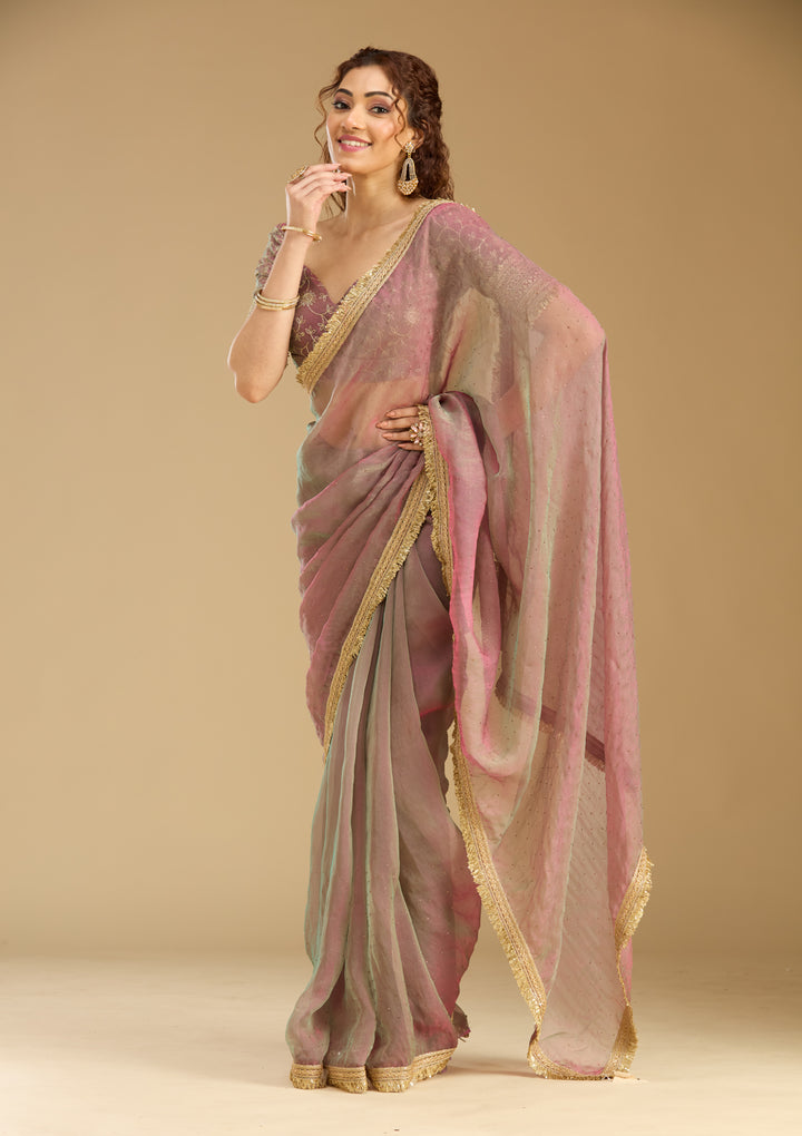 Onion Pink Tissue Sequins Saree With Matching Blouse Piece