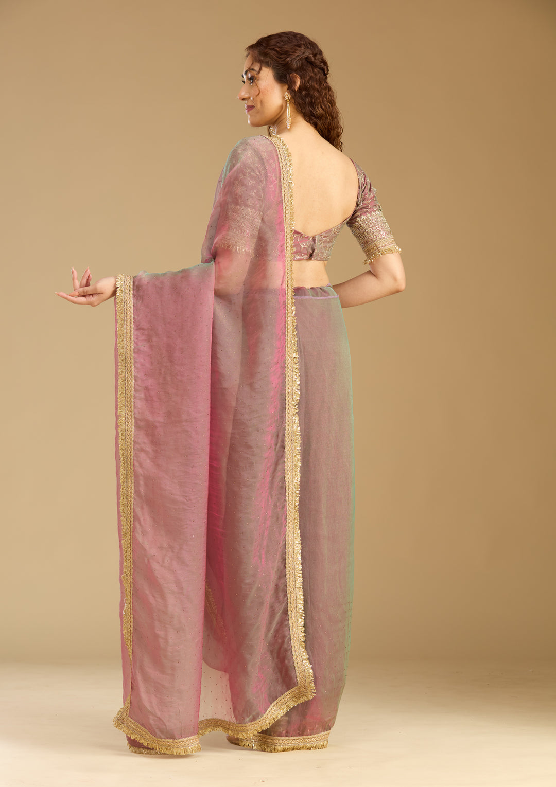 Onion Pink Tissue Sequins Saree With Matching Blouse Piece