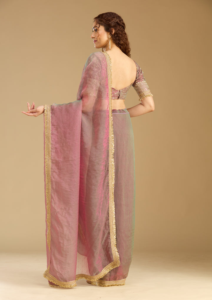 Onion Pink Tissue Sequins Saree With Matching Blouse Piece