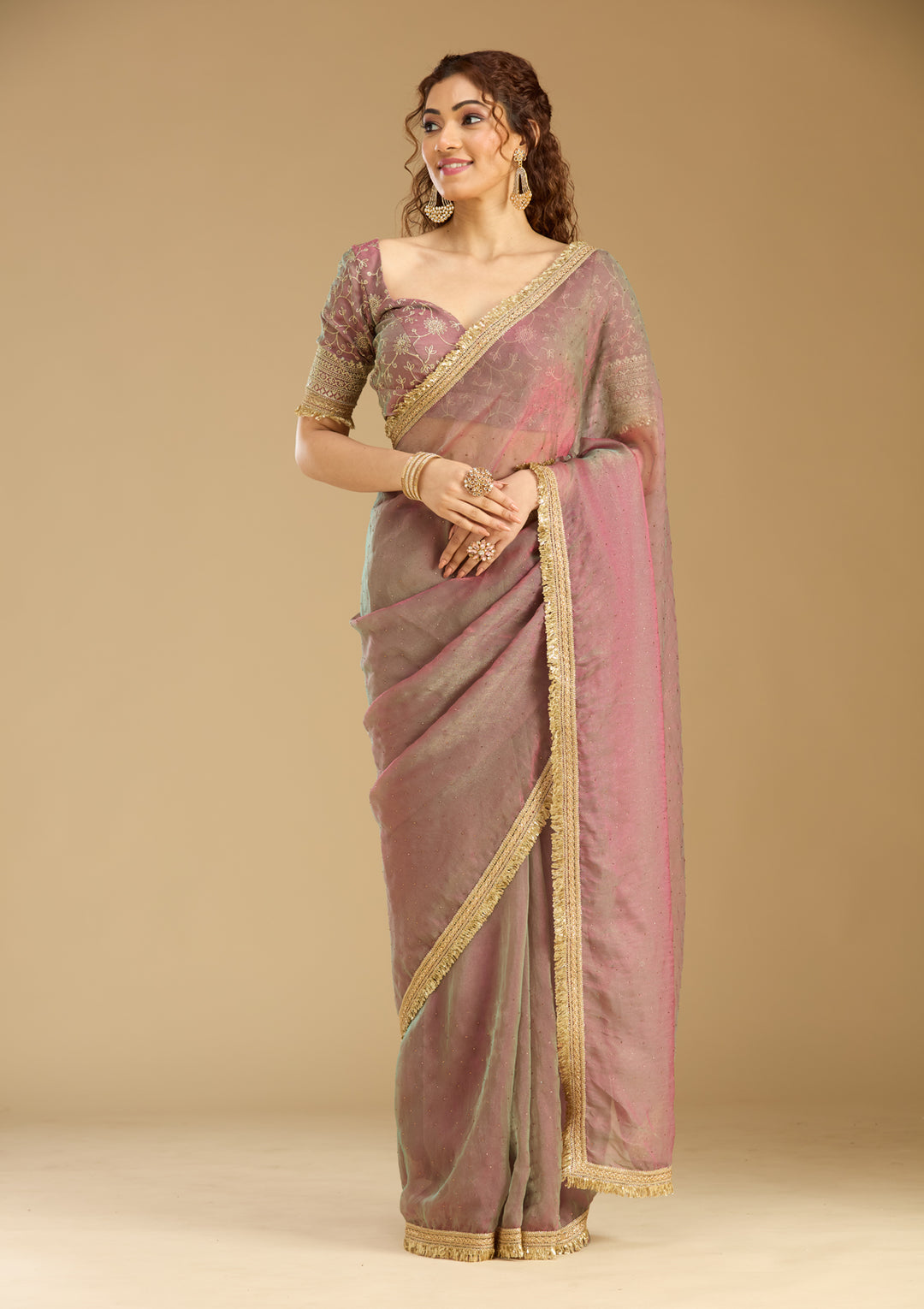 Onion Pink Tissue Sequins Saree With Matching Blouse Piece