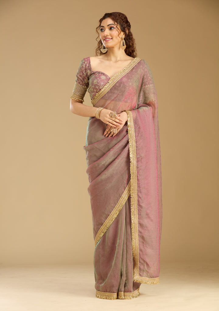 Onion Pink Tissue Sequins Saree With Matching Blouse Piece
