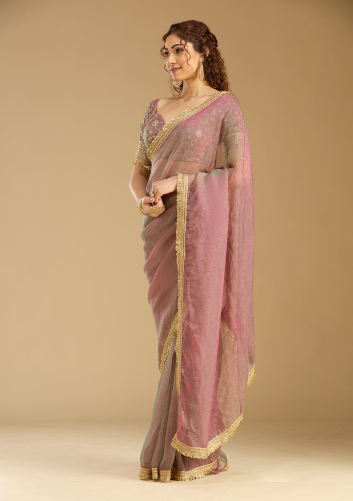 Onion Pink Tissue Sequins Saree With Matching Blouse Piece