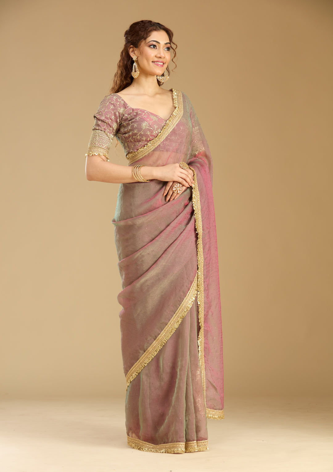 Onion Pink Tissue Sequins Saree With Matching Blouse Piece
