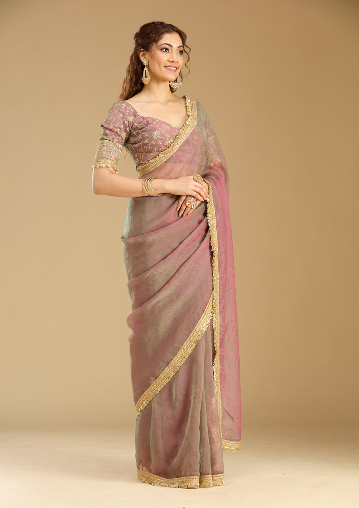 Onion Pink Tissue Sequins Saree With Matching Blouse Piece