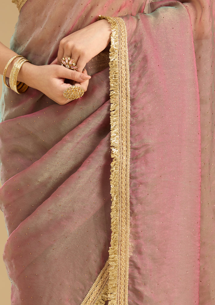Onion Pink Tissue Sequins Saree With Matching Blouse Piece