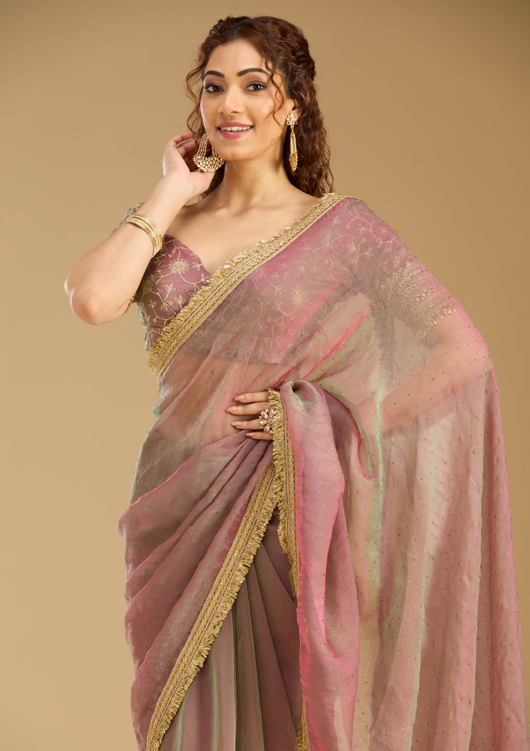 Onion Pink Tissue Sequins Saree With Matching Blouse Piece