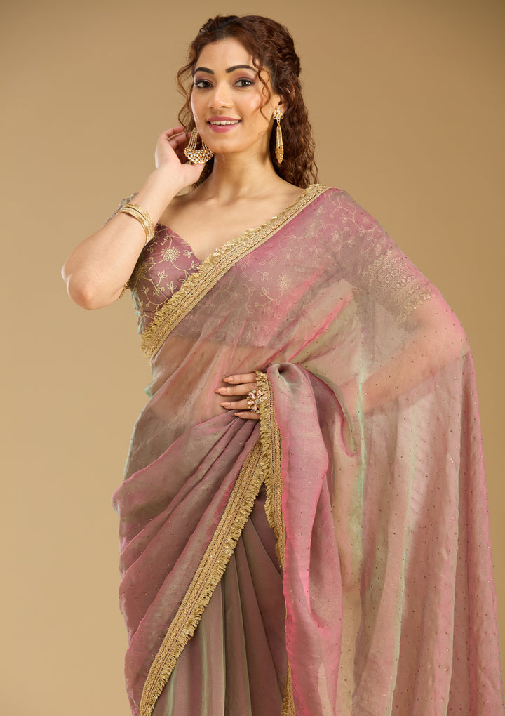 Onion Pink Tissue Sequins Saree With Matching Blouse Piece