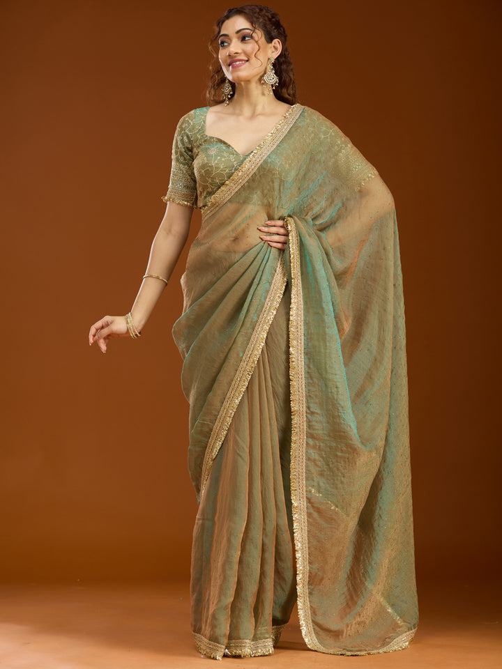 Pista Green Tissue Sequins Saree With Matching Blouse Piece