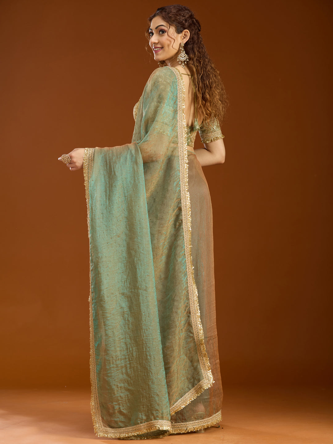 Pista Green Tissue Sequins Saree With Matching Blouse Piece
