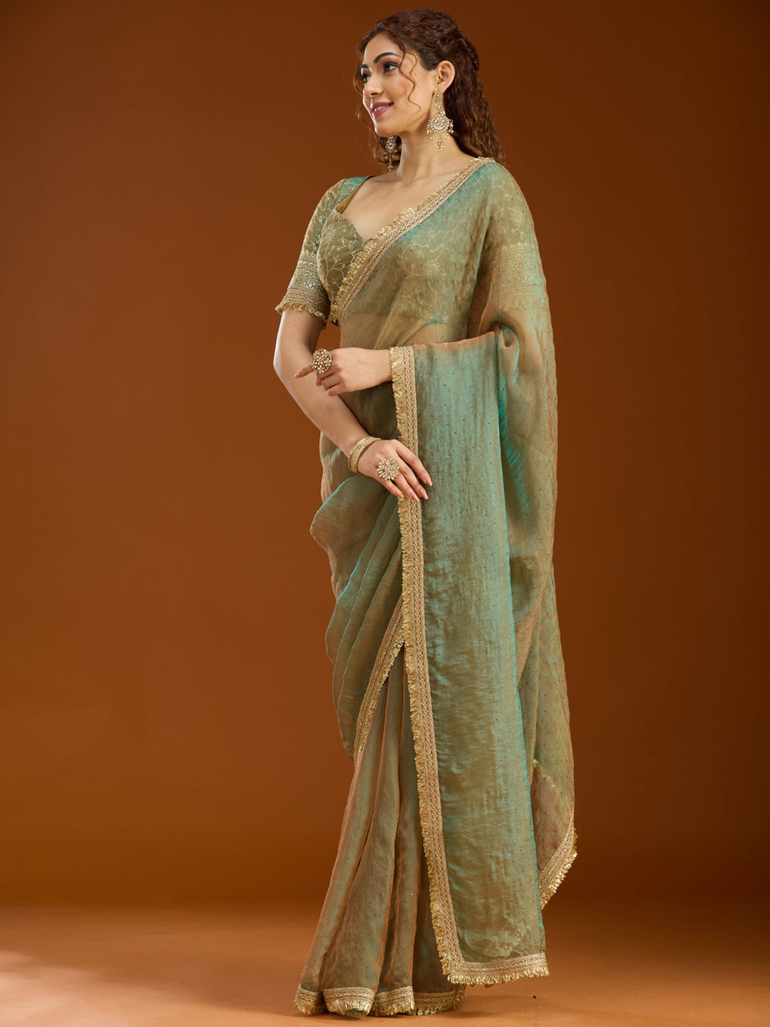 Pista Green Tissue Sequins Saree With Matching Blouse Piece
