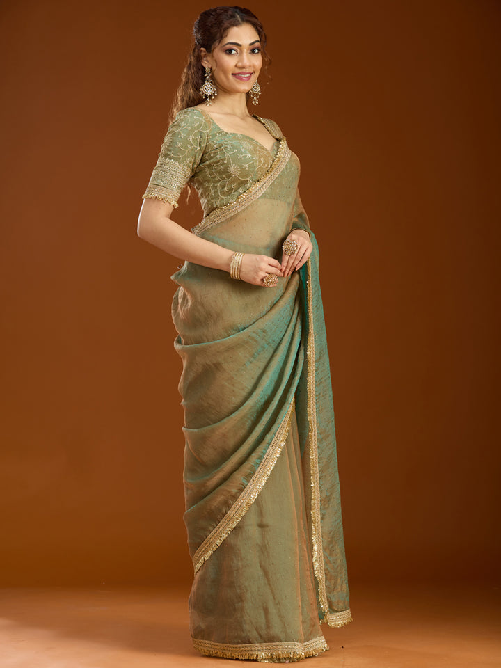 Pista Green Tissue Sequins Saree With Matching Blouse Piece