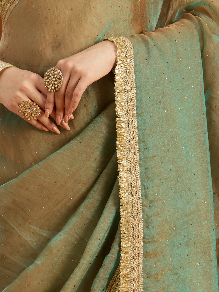 Pista Green Tissue Sequins Saree With Matching Blouse Piece