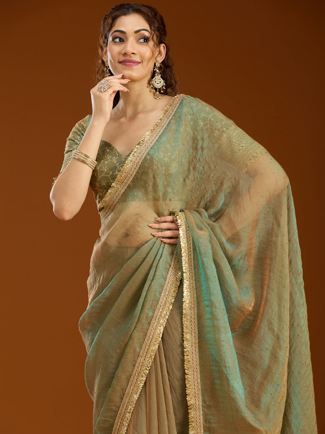 Pista Green Tissue Sequins Saree With Matching Blouse Piece