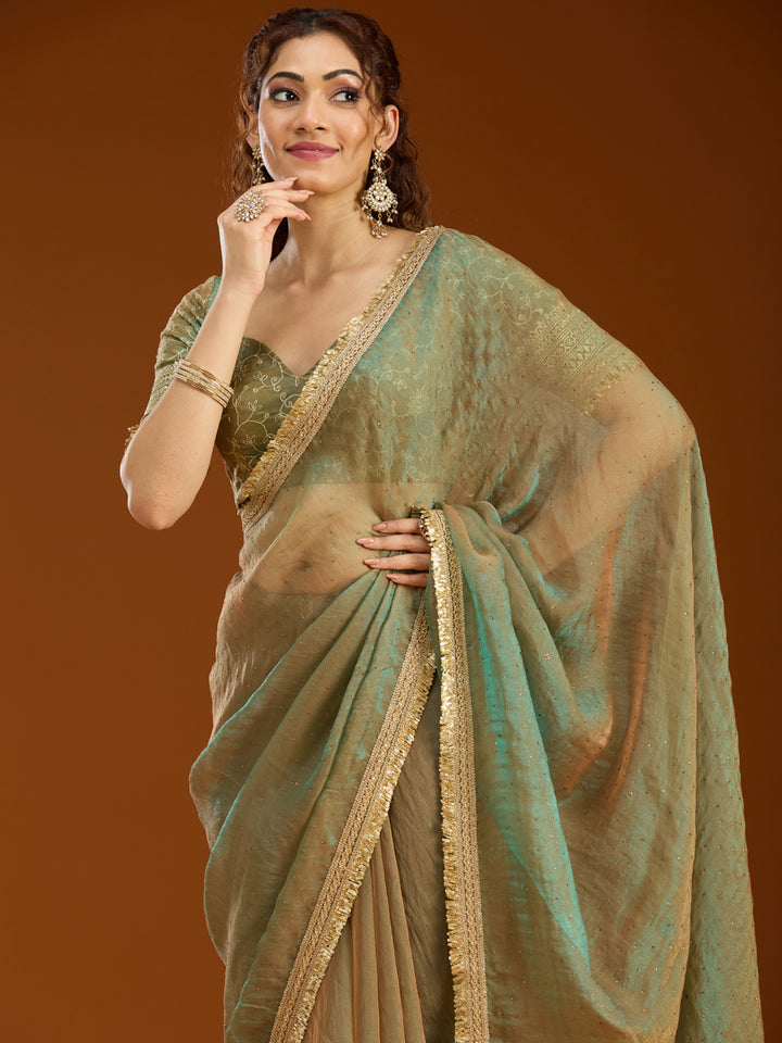 Pista Green Tissue Sequins Saree With Matching Blouse Piece