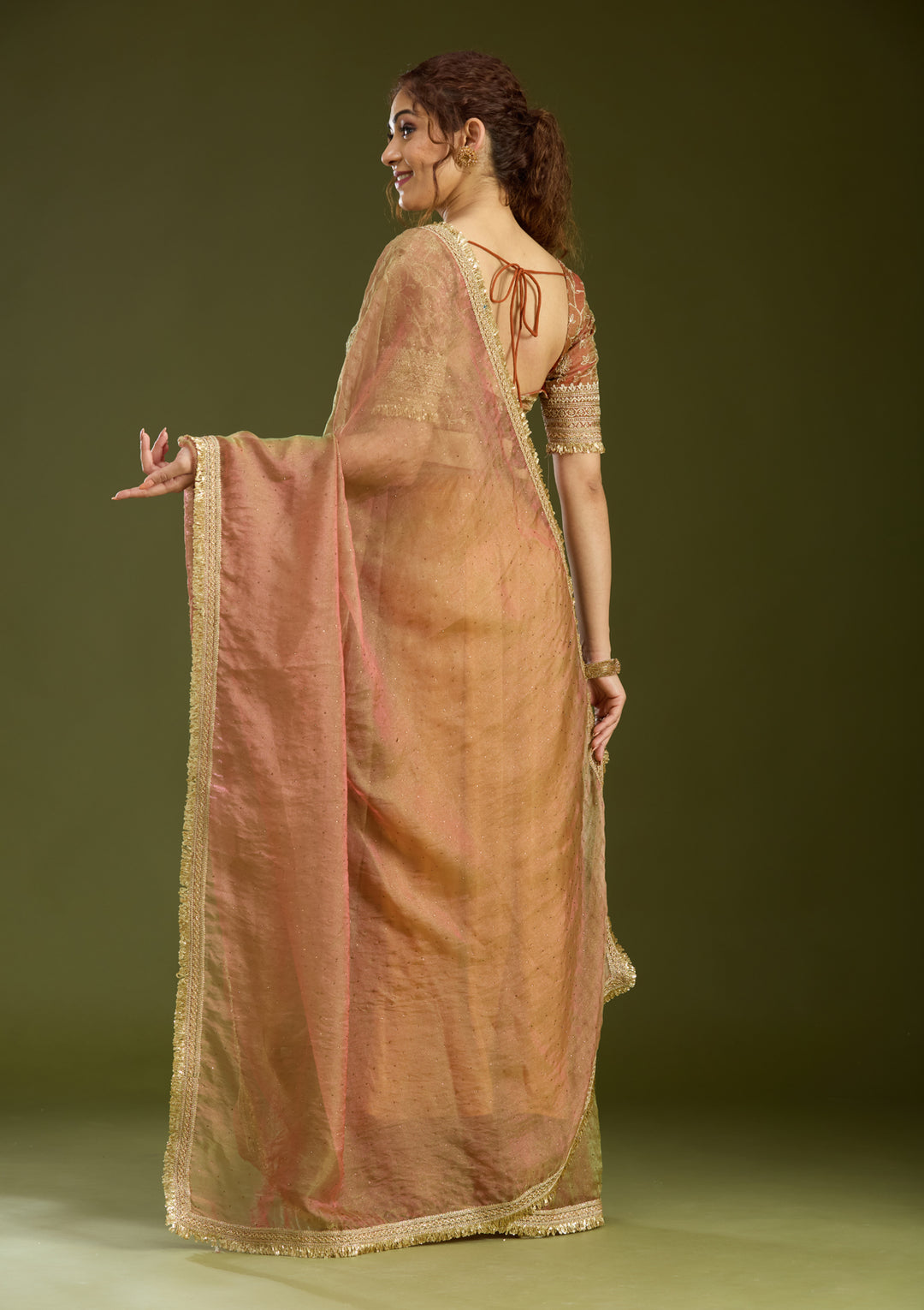 Rust Tissue Sequins Saree With Matching Blouse Piece