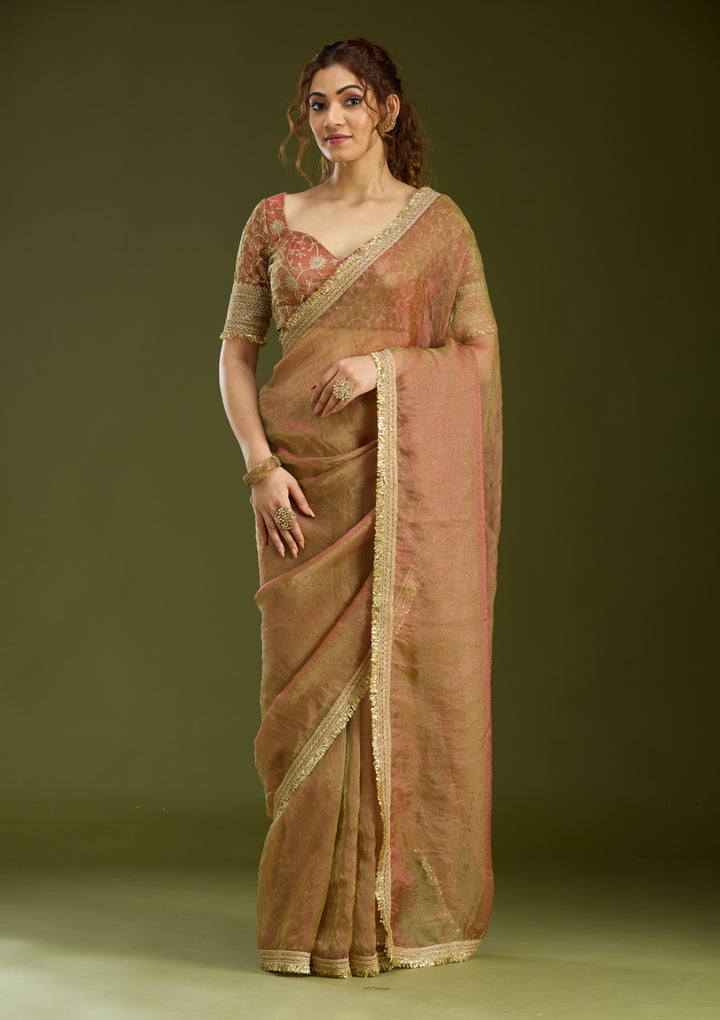 Rust Tissue Sequins Saree With Matching Blouse Piece