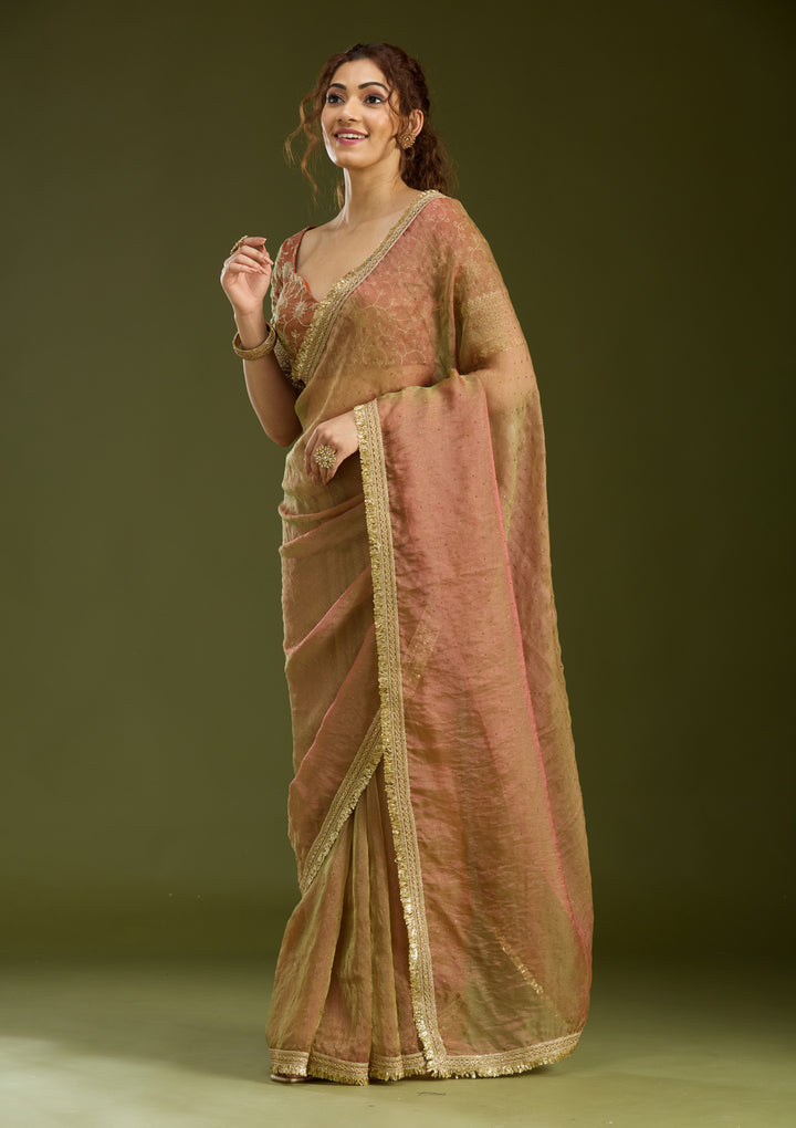 Rust Tissue Sequins Saree With Matching Blouse Piece