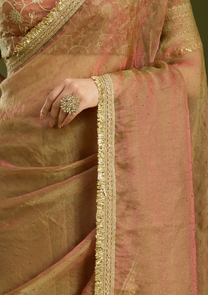 Rust Tissue Sequins Saree With Matching Blouse Piece