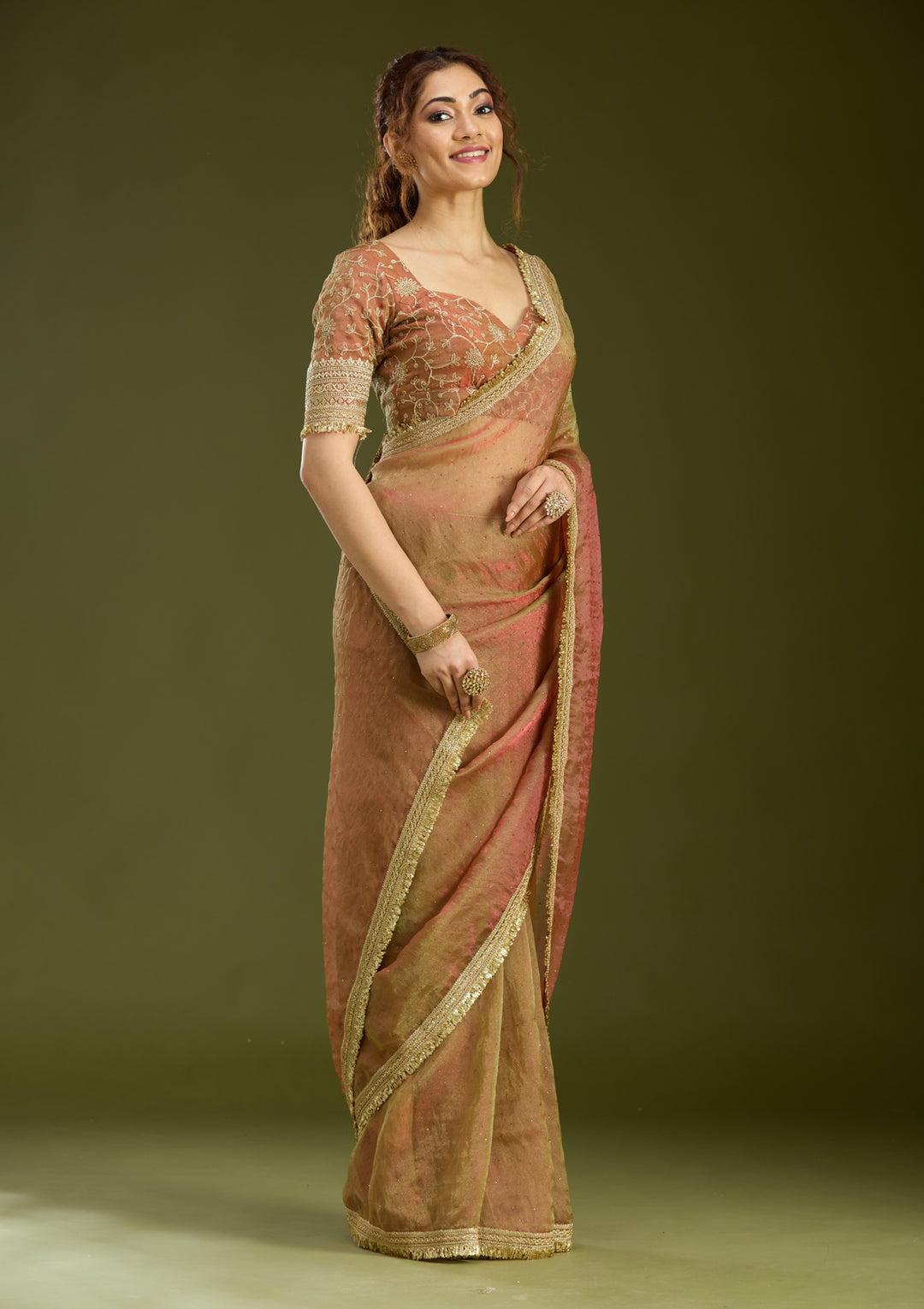 Rust Tissue Sequins Saree With Matching Blouse Piece