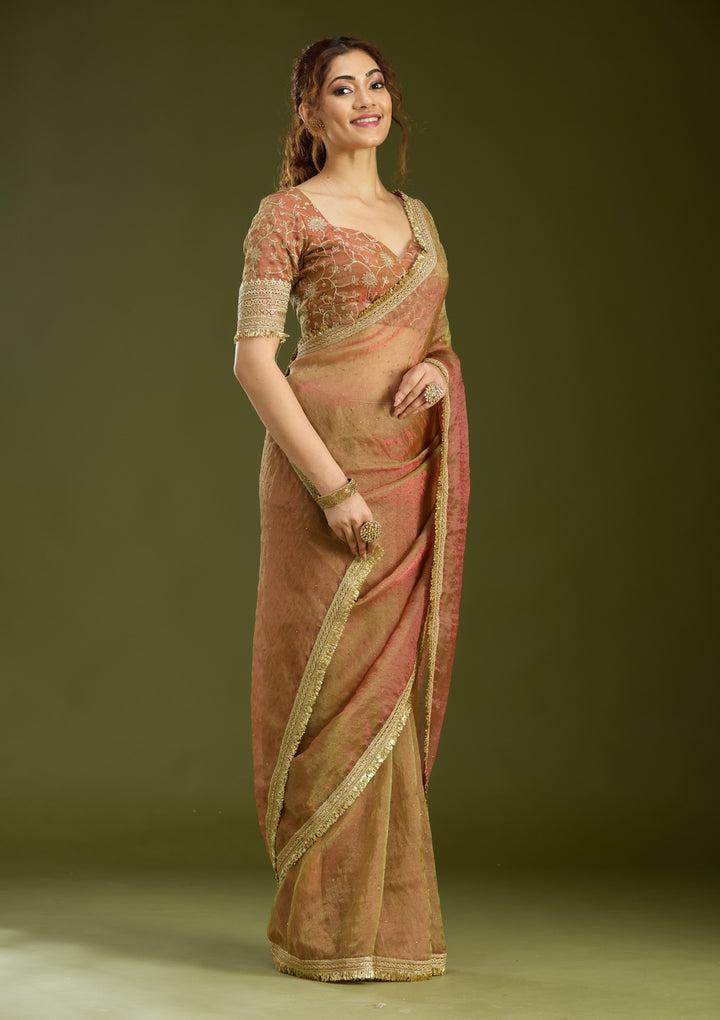 Rust Tissue Sequins Saree With Matching Blouse Piece