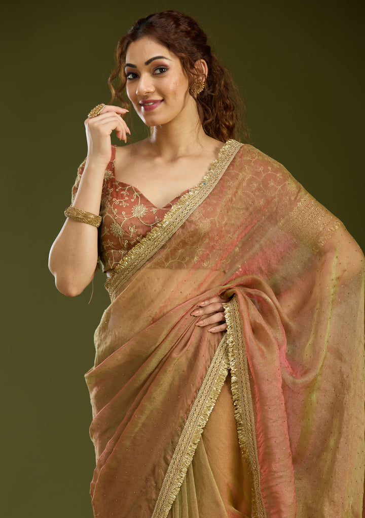 Rust Tissue Sequins Saree With Matching Blouse Piece