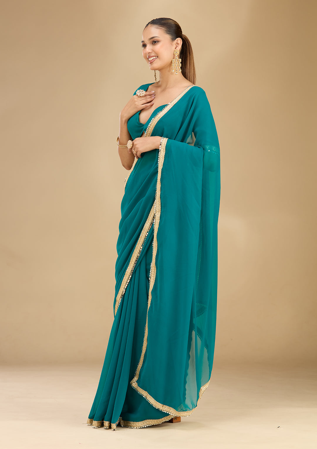 Rama Green Georgette Mirrorwork Saree With Matching Blouse Piece