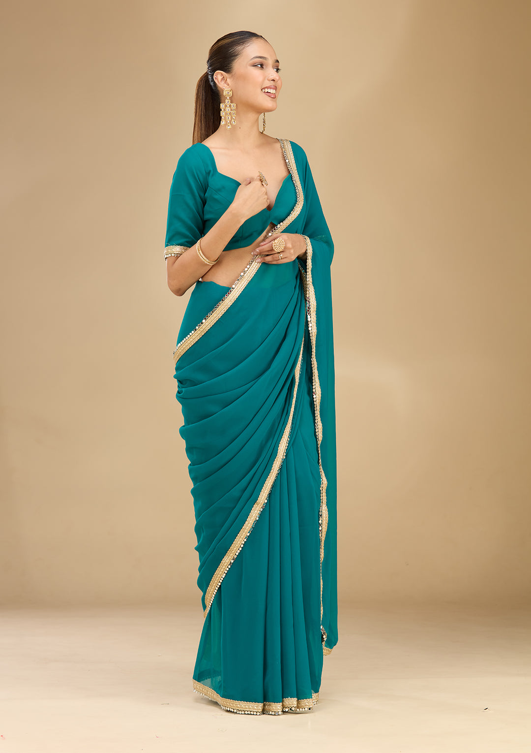 Rama Green Georgette Mirrorwork Saree With Matching Blouse Piece