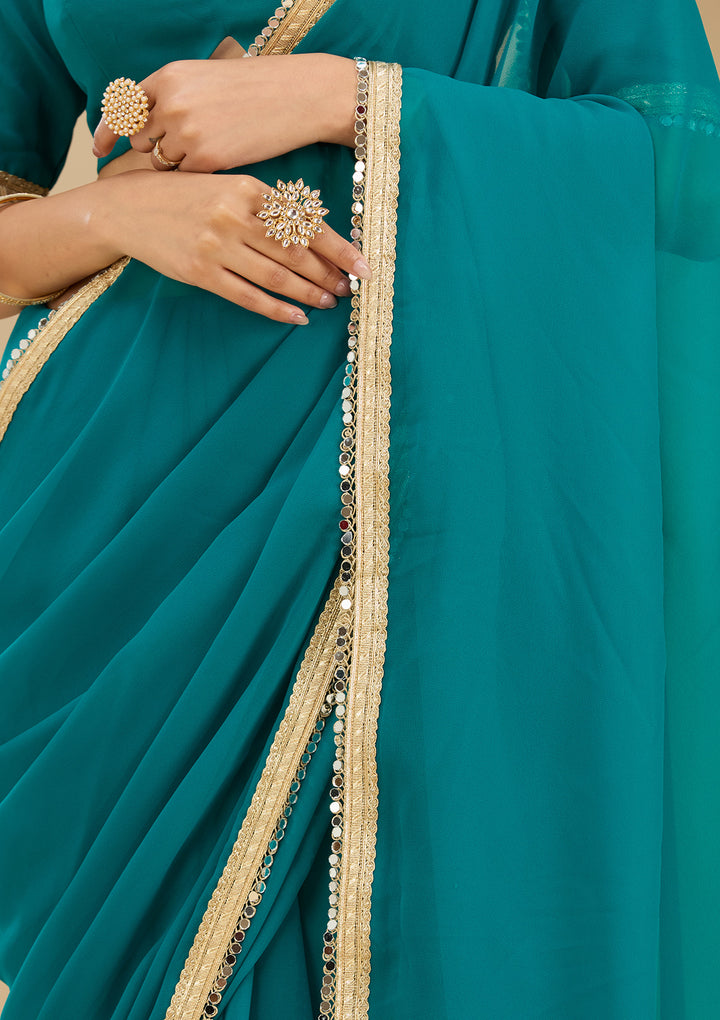 Rama Green Georgette Mirrorwork Saree With Matching Blouse Piece