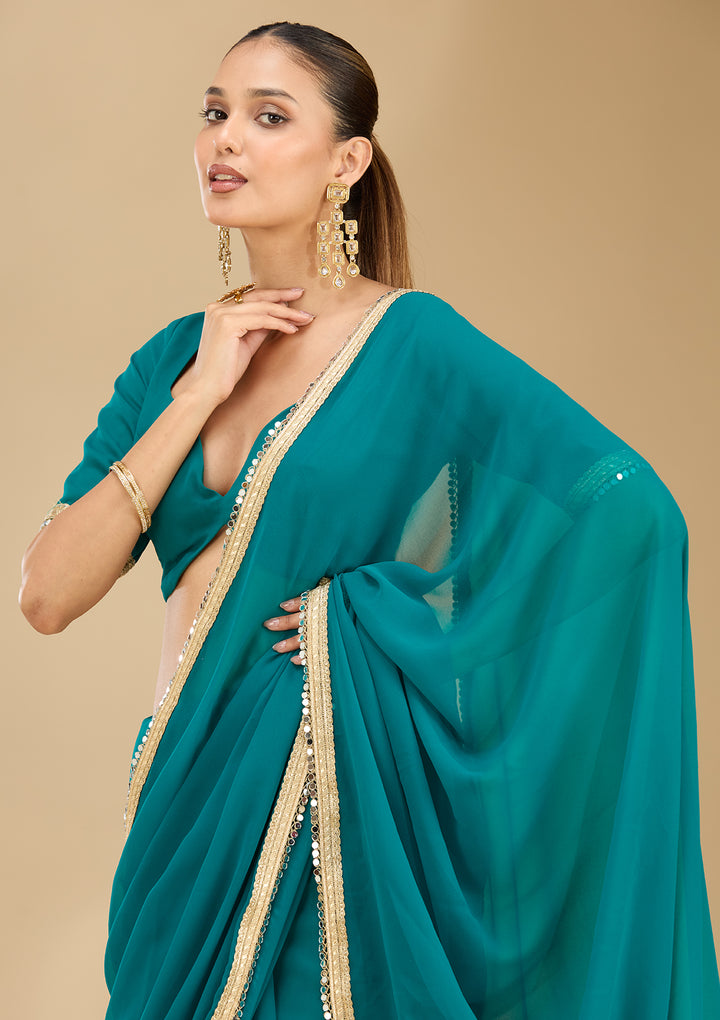 Rama Green Georgette Mirrorwork Saree With Matching Blouse Piece