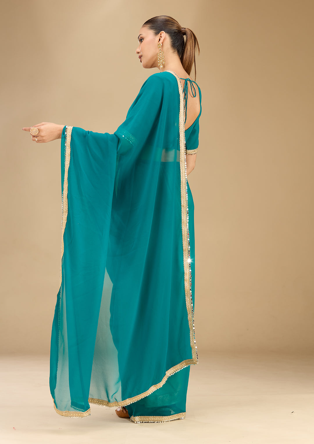 Rama Green Georgette Mirrorwork Saree With Matching Blouse Piece