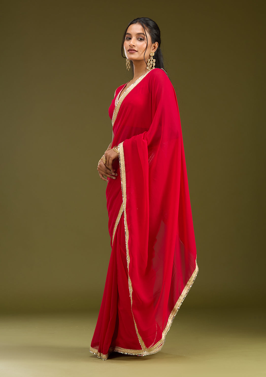 Rani Pink Georgette Mirrorwork Saree With Matching Blouse Piece