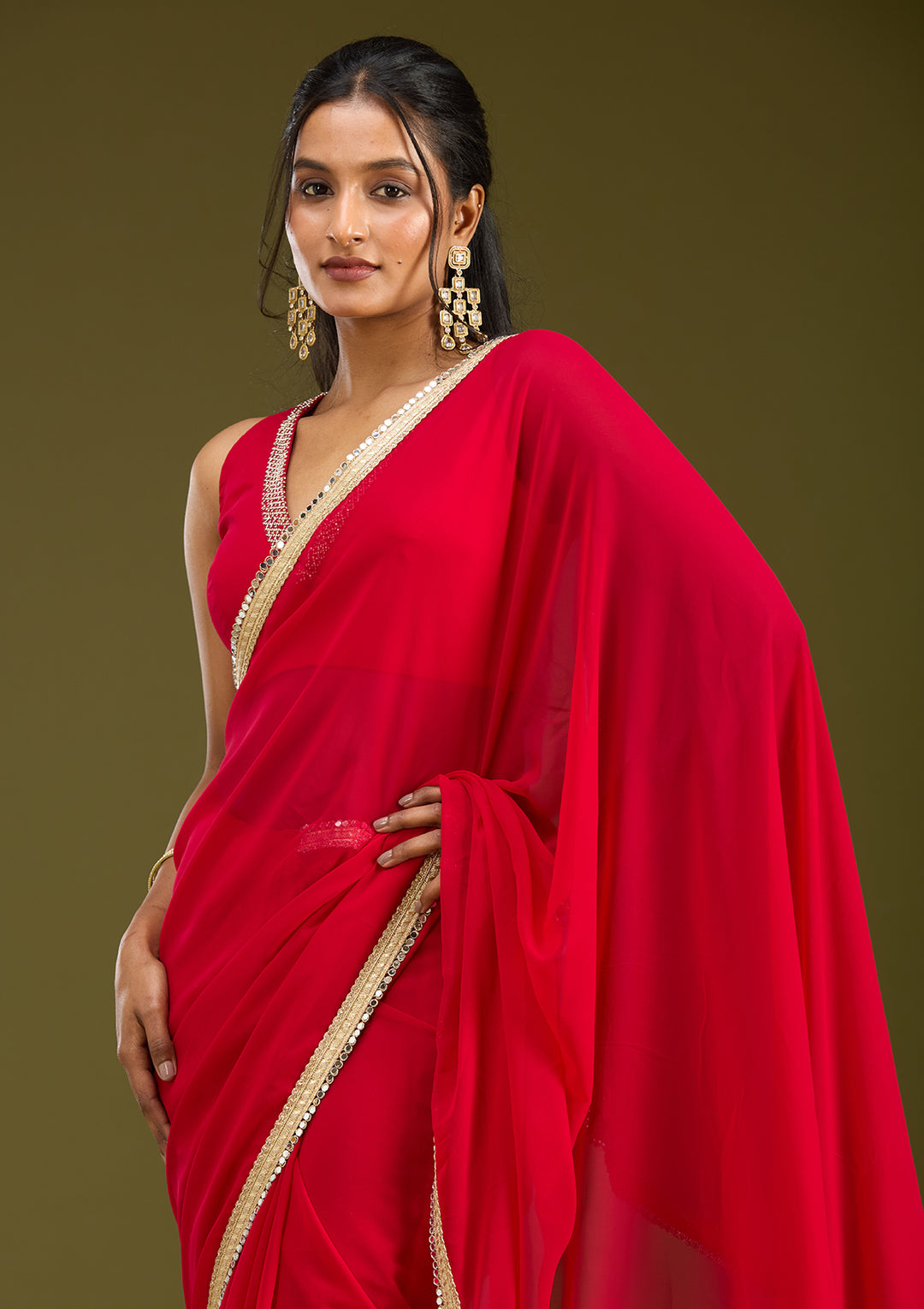 Rani Pink Georgette Mirrorwork Saree With Matching Blouse Piece