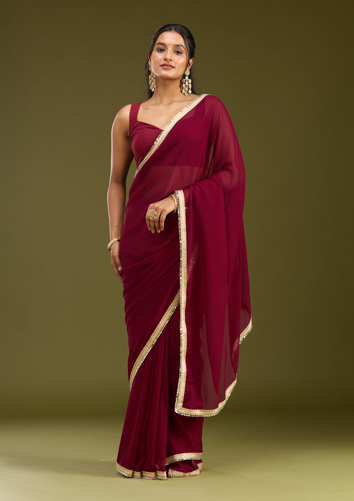 Wine Georgette Mirrorwork Saree With Matching Blouse Piece