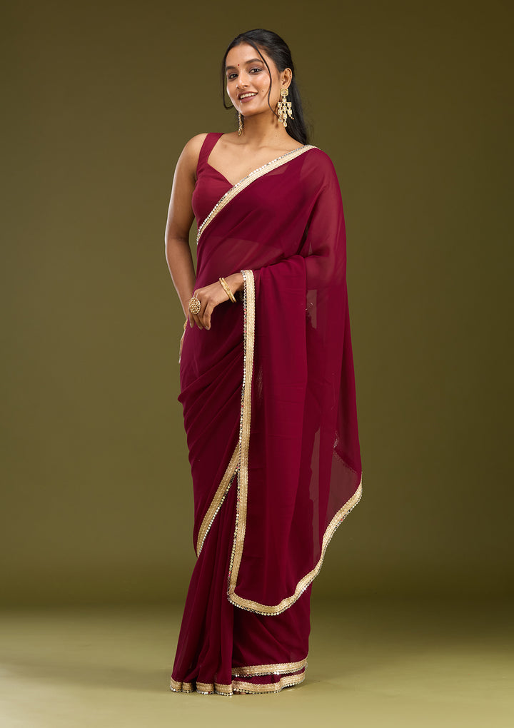 Wine Georgette Mirrorwork Saree With Matching Blouse Piece