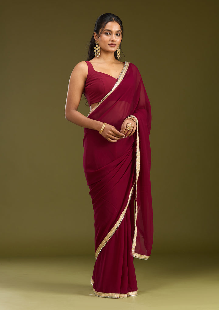 Wine Georgette Mirrorwork Saree With Matching Blouse Piece