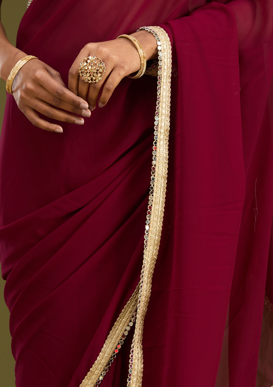 Wine Georgette Mirrorwork Saree With Matching Blouse Piece