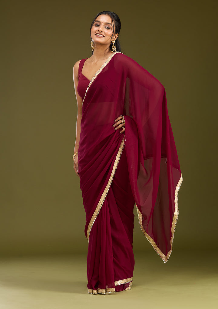 Wine Georgette Mirrorwork Saree With Matching Blouse Piece