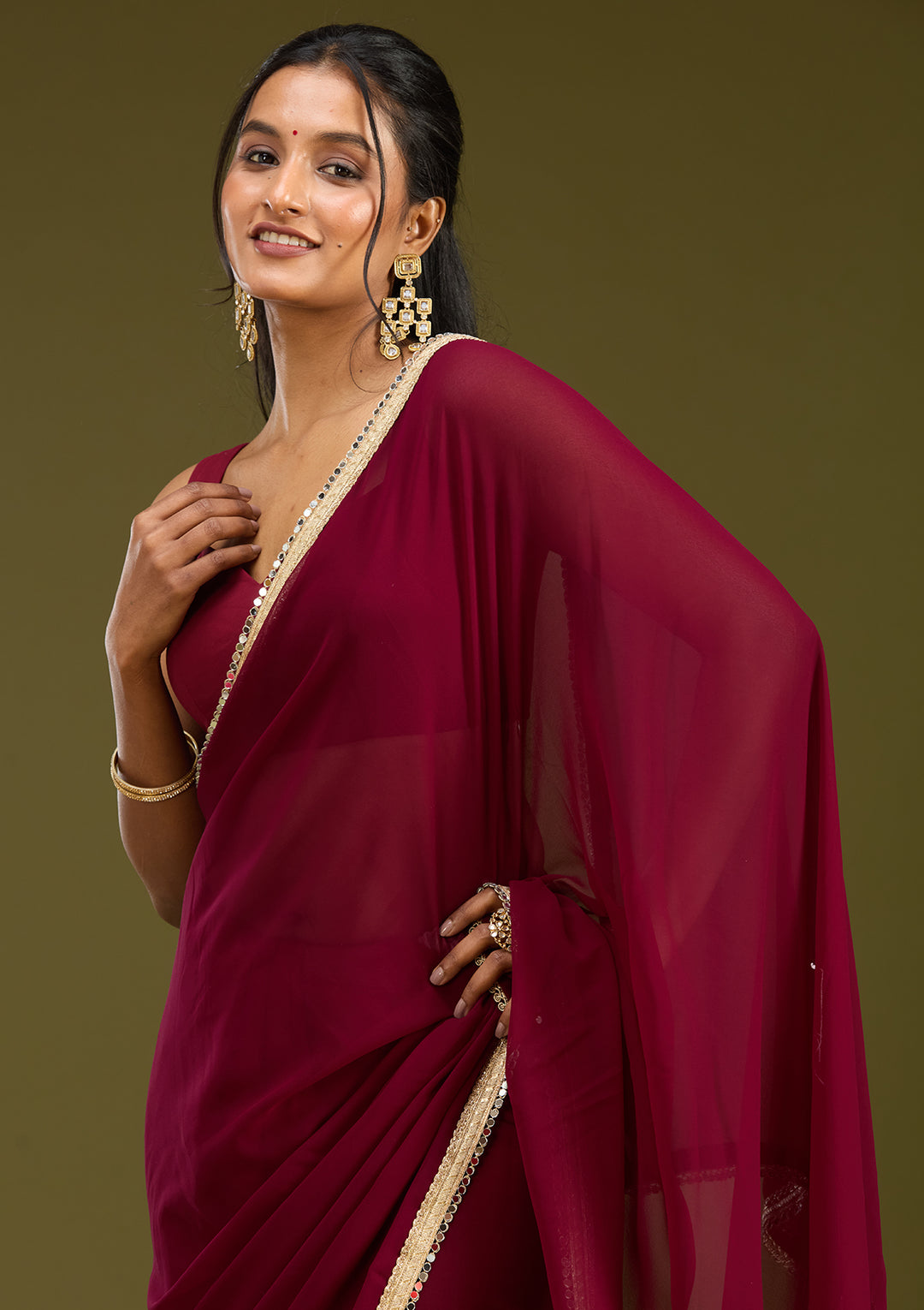 Wine Georgette Mirrorwork Saree With Matching Blouse Piece
