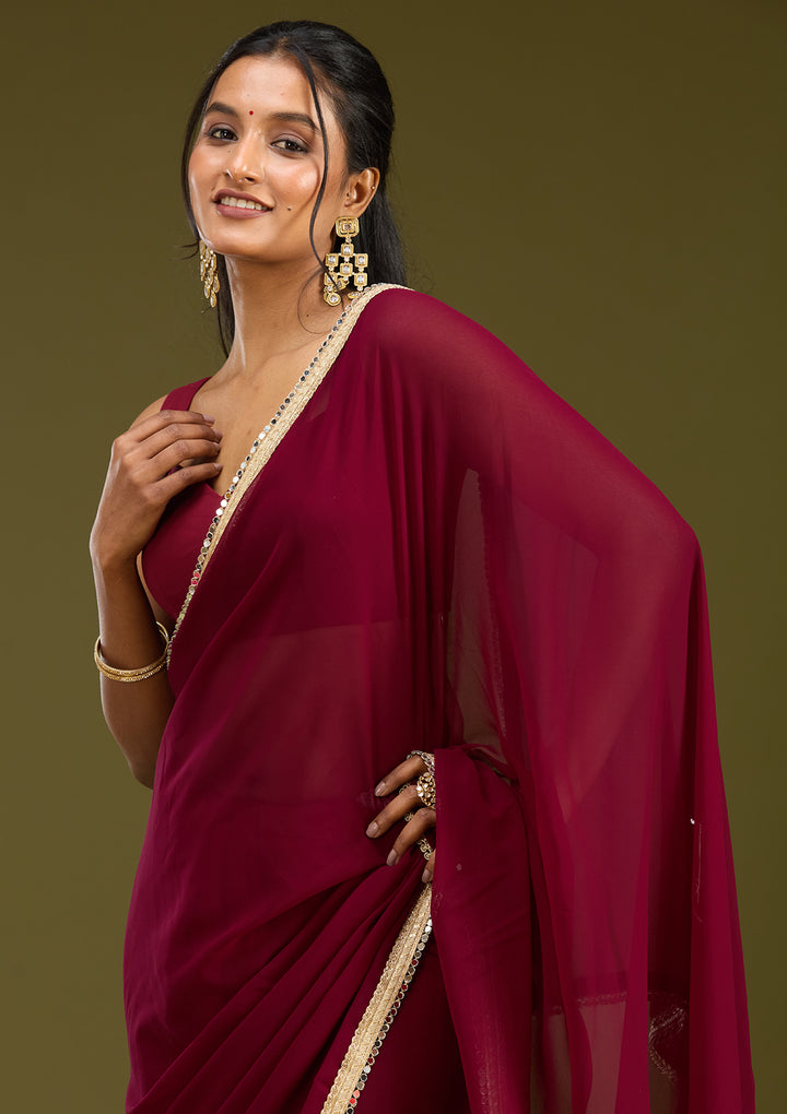 Wine Georgette Mirrorwork Saree With Matching Blouse Piece