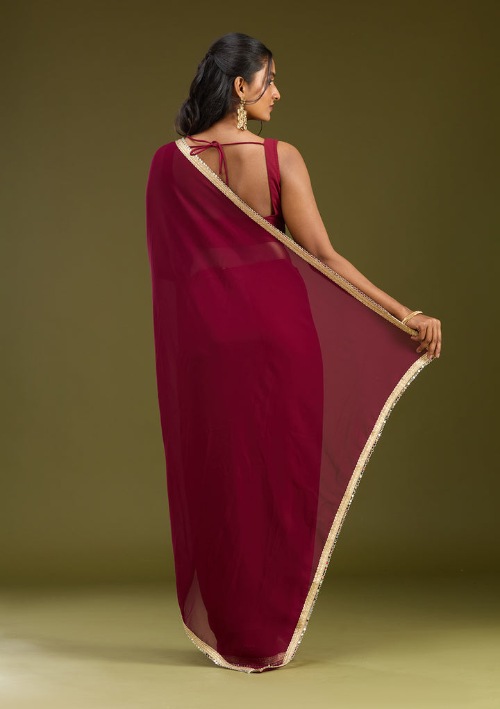 Wine Georgette Mirrorwork Saree With Matching Blouse Piece