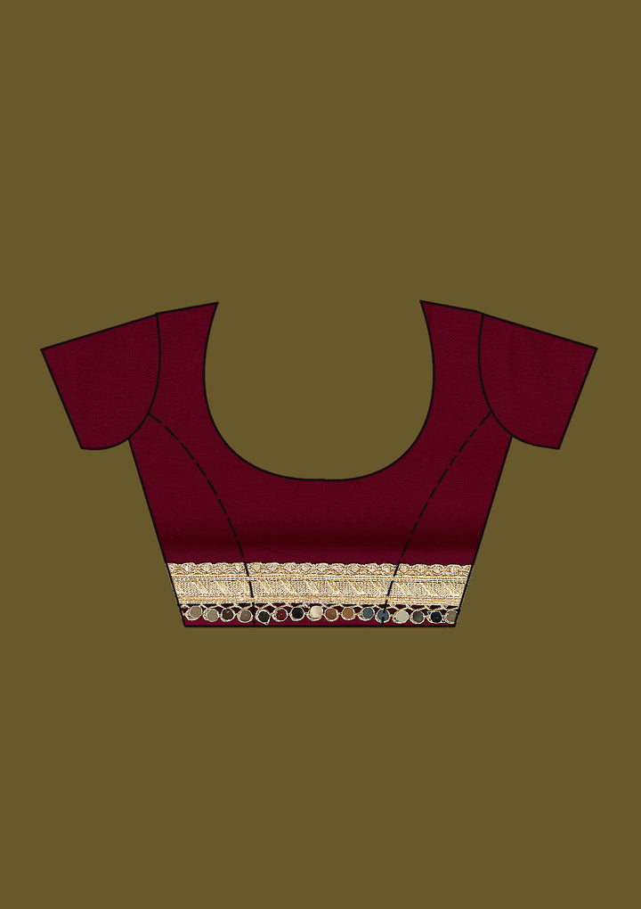 Wine Georgette Mirrorwork Saree With Matching Blouse Piece