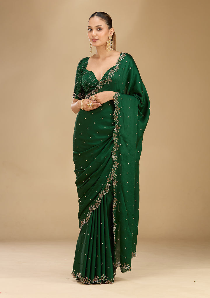 Bottle Green Satin Gold Stonework Saree With Matching Blouse Piece