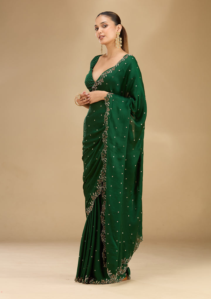 Bottle Green Satin Gold Stonework Saree With Matching Blouse Piece