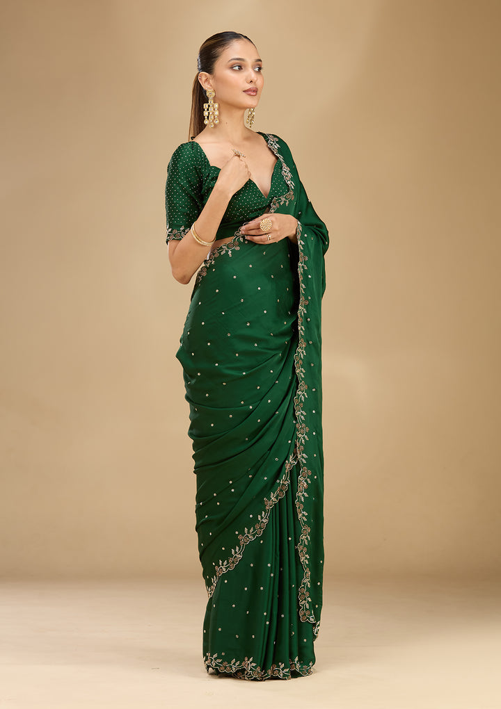 Bottle Green Satin Gold Stonework Saree With Matching Blouse Piece